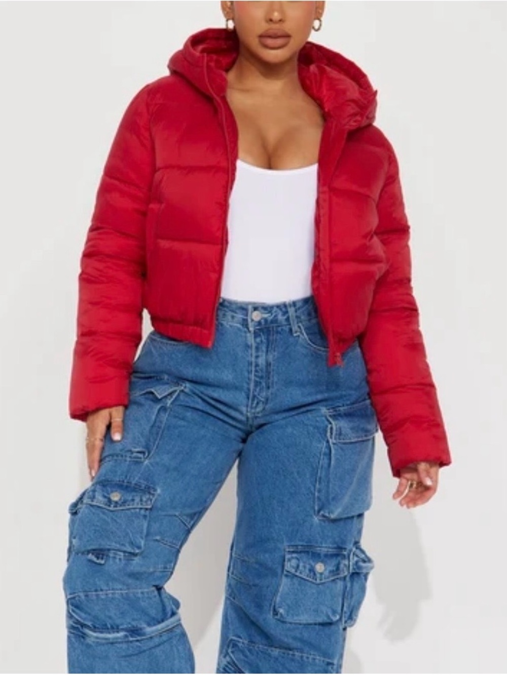 NWT Fashion Nova Up And About Red Cropped Hooded Puffer Jacket Medium